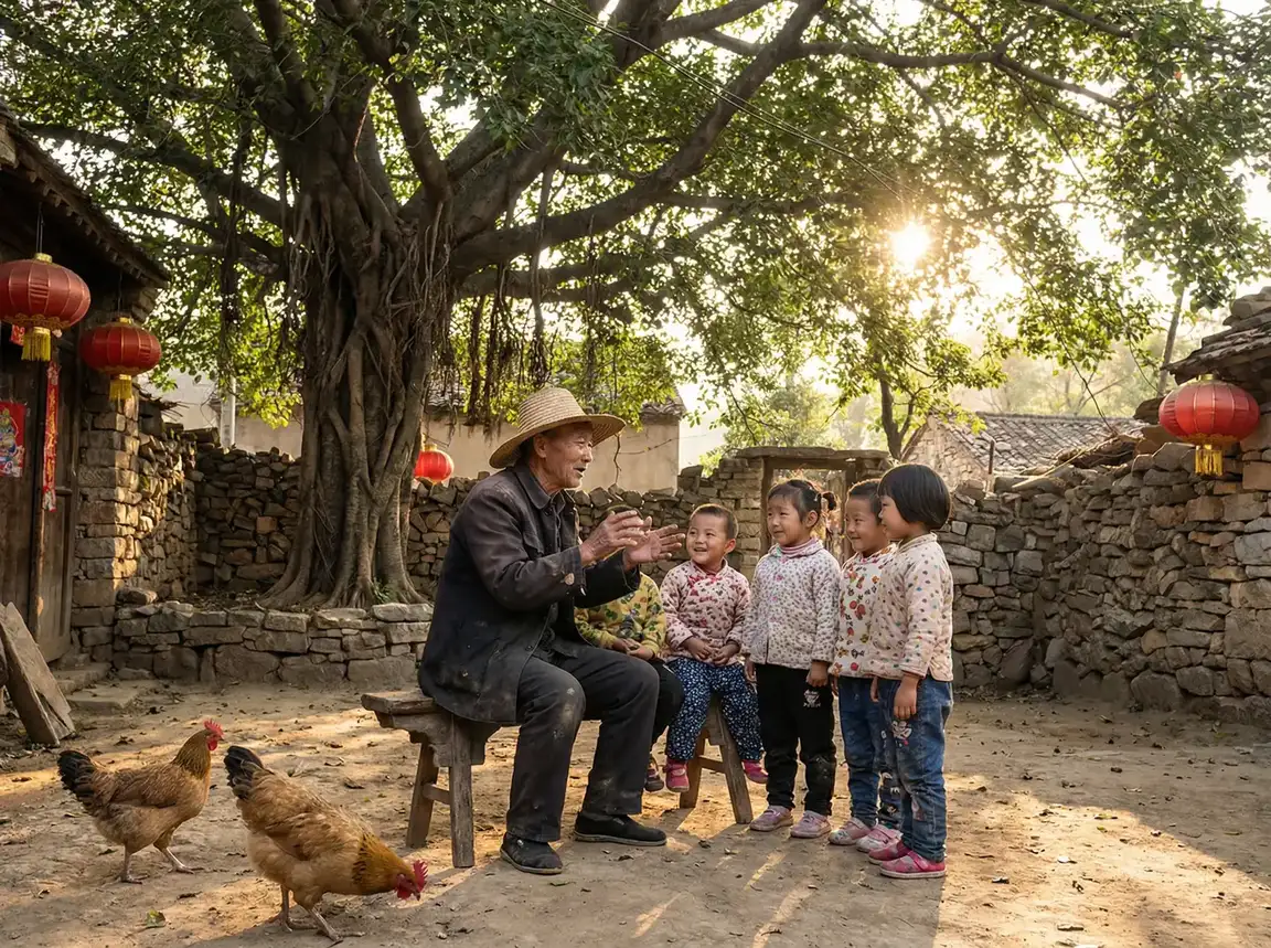 老人在大榕树下给孩子们讲故事 - 感宫王国 乡村记忆